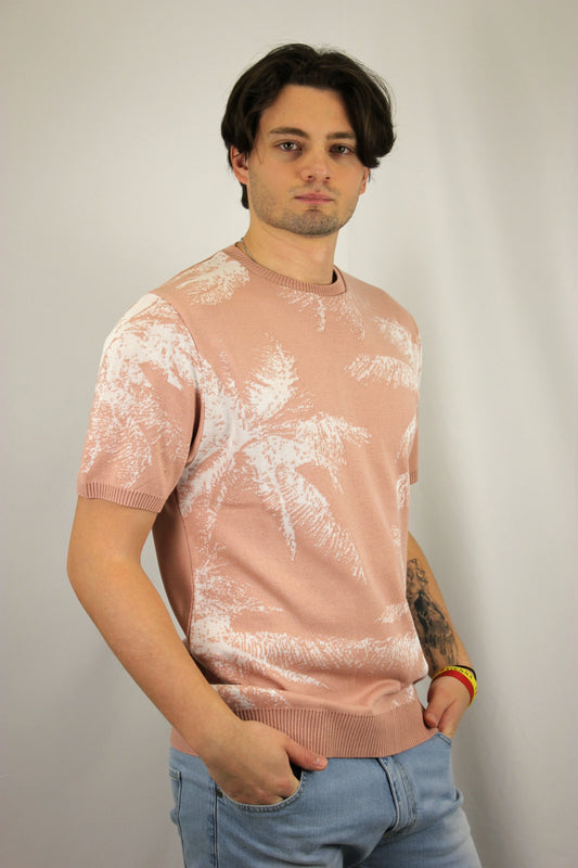T-shirt in maglia con intarsio palme cipria V2 - Seipuntozerostore