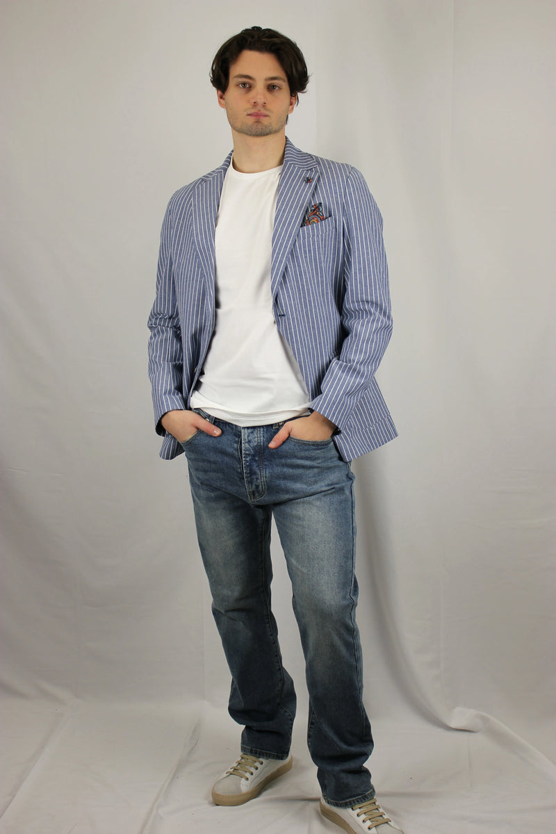 Giacca Monopetto alta sartoria Gessato Blu con interni e pochette in tessuto V2 - Seipuntozerostore