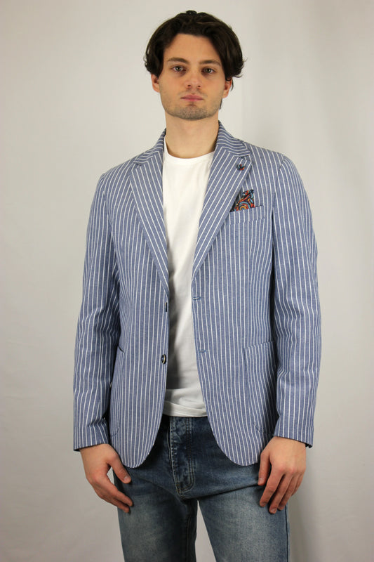 Giacca Monopetto alta sartoria Gessato Blu con interni e pochette in tessuto V2 - Seipuntozerostore