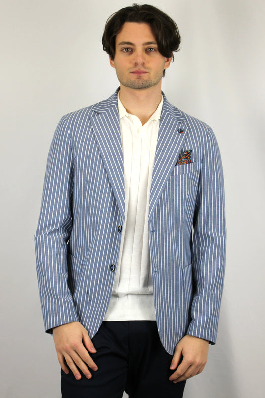Giacca Monopetto alta sartoria Gessato Blu con interni e pochette in tessuto V2 - Seipuntozerostore