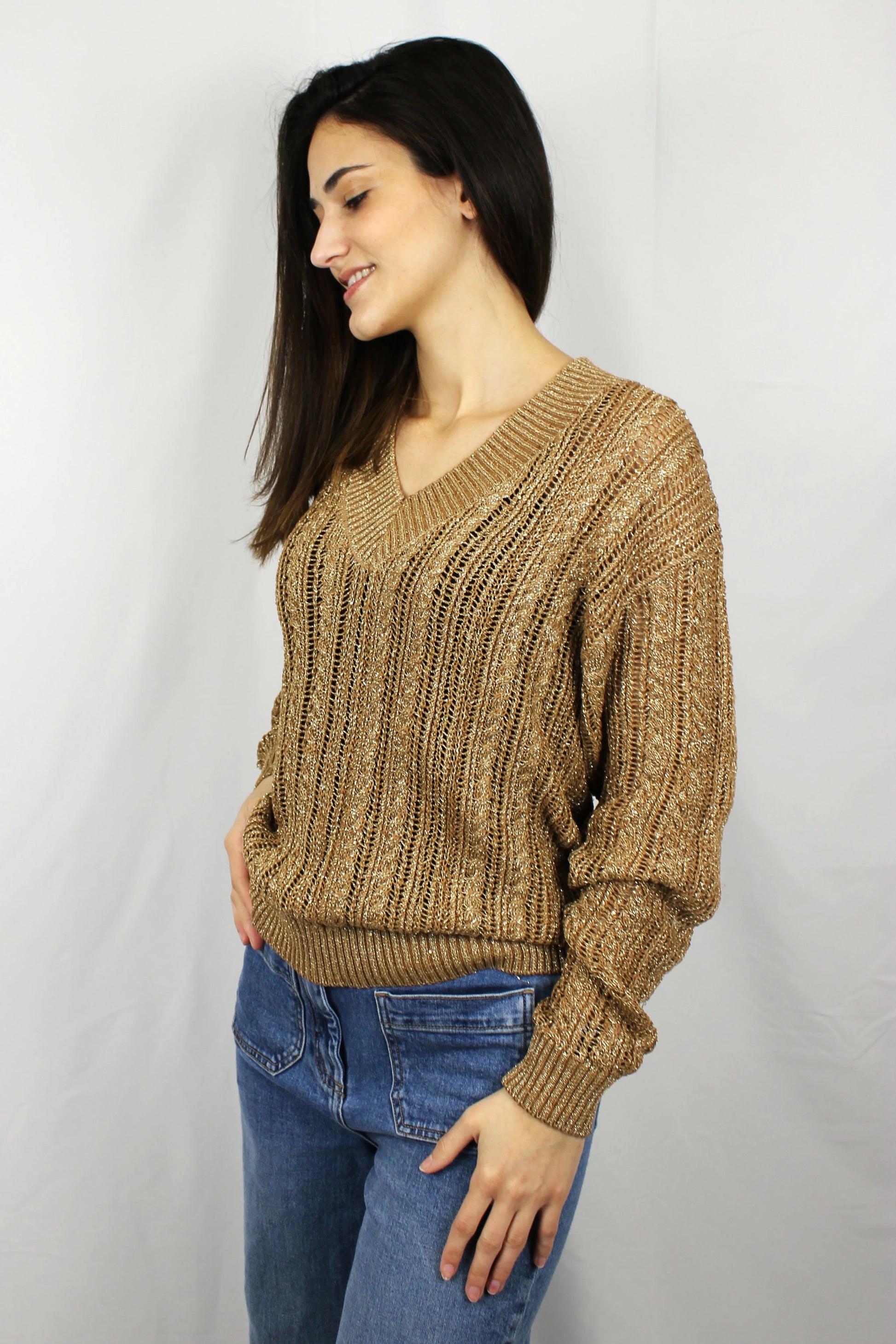 Maglia scollo a V in lurex nocciola Markup - Seipuntozerostore