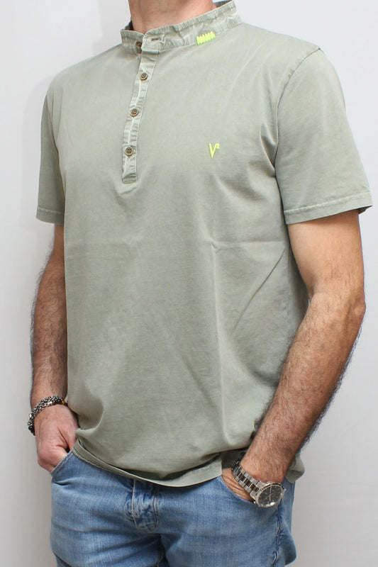 Polo Serafino tinto capo marmorizzato Verde Militare con Ricami a Contrasto V2 - Seipuntozerostore