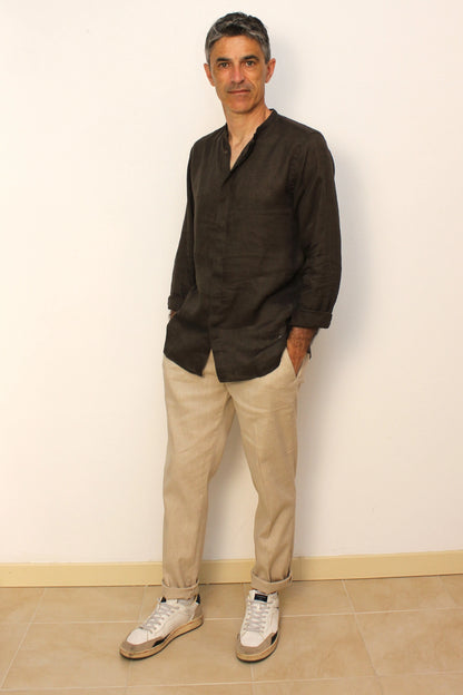 Camicia coreana in lino caffè Berna - Seipuntozerostore