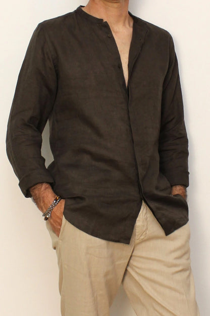Camicia coreana in lino caffè Berna - Seipuntozerostore