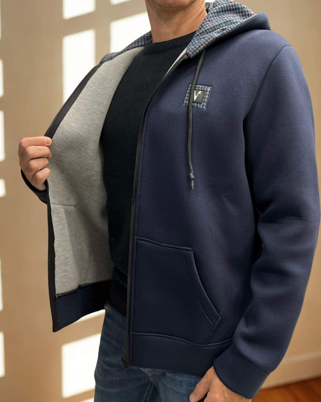 Felpa Cappuccio Zip in neoprene Blu con dettagli in tessuto V2 - Seipuntozerostore