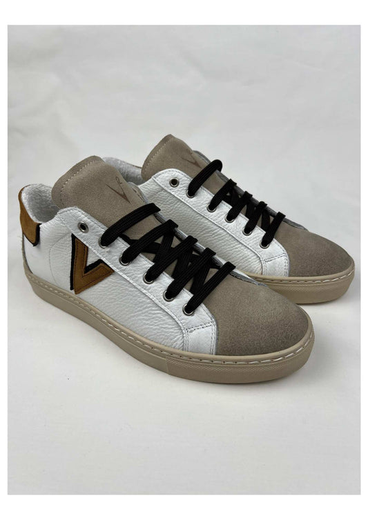 OLYMPIC V - Sneakers a suola bassa in pelle martellata con inserto e retro Bicolor moro Cuoio Blu V2 - Seipuntozerostore