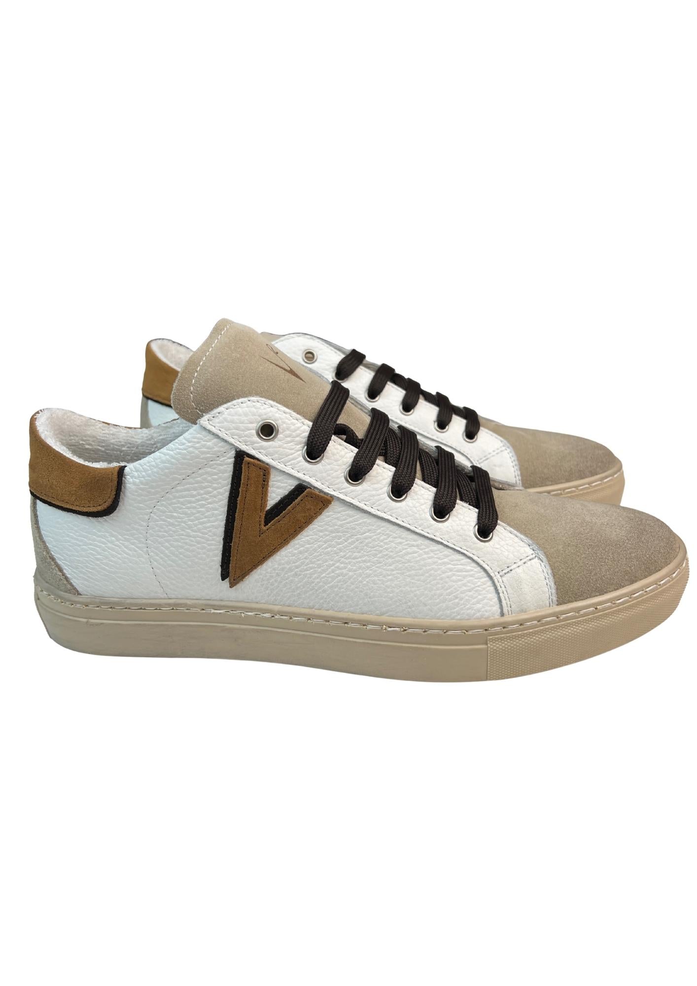 OLYMPIC V - Sneakers a suola bassa in pelle martellata con inserto e retro Bicolor moro Cuoio Blu V2 - Seipuntozerostore