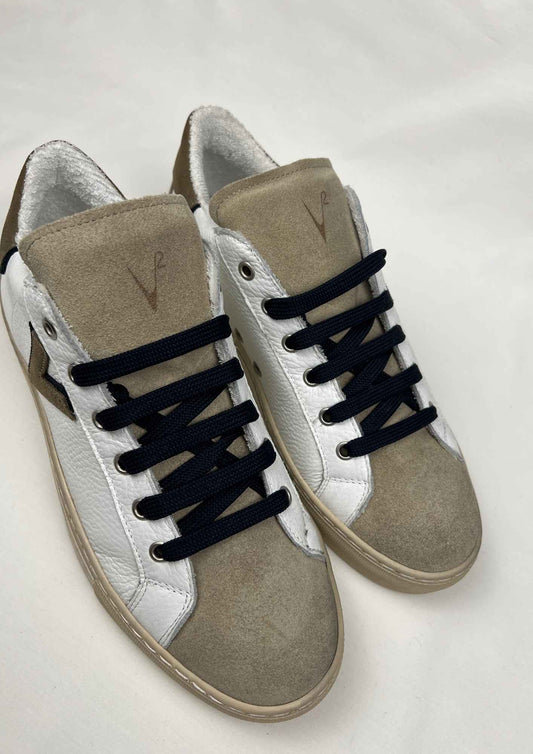 OLYMPIC V - Sneakers a suola bassa in pelle martellata con inserto e retro Bicolor Cuoio Blu V2 - Seipuntozerostore
