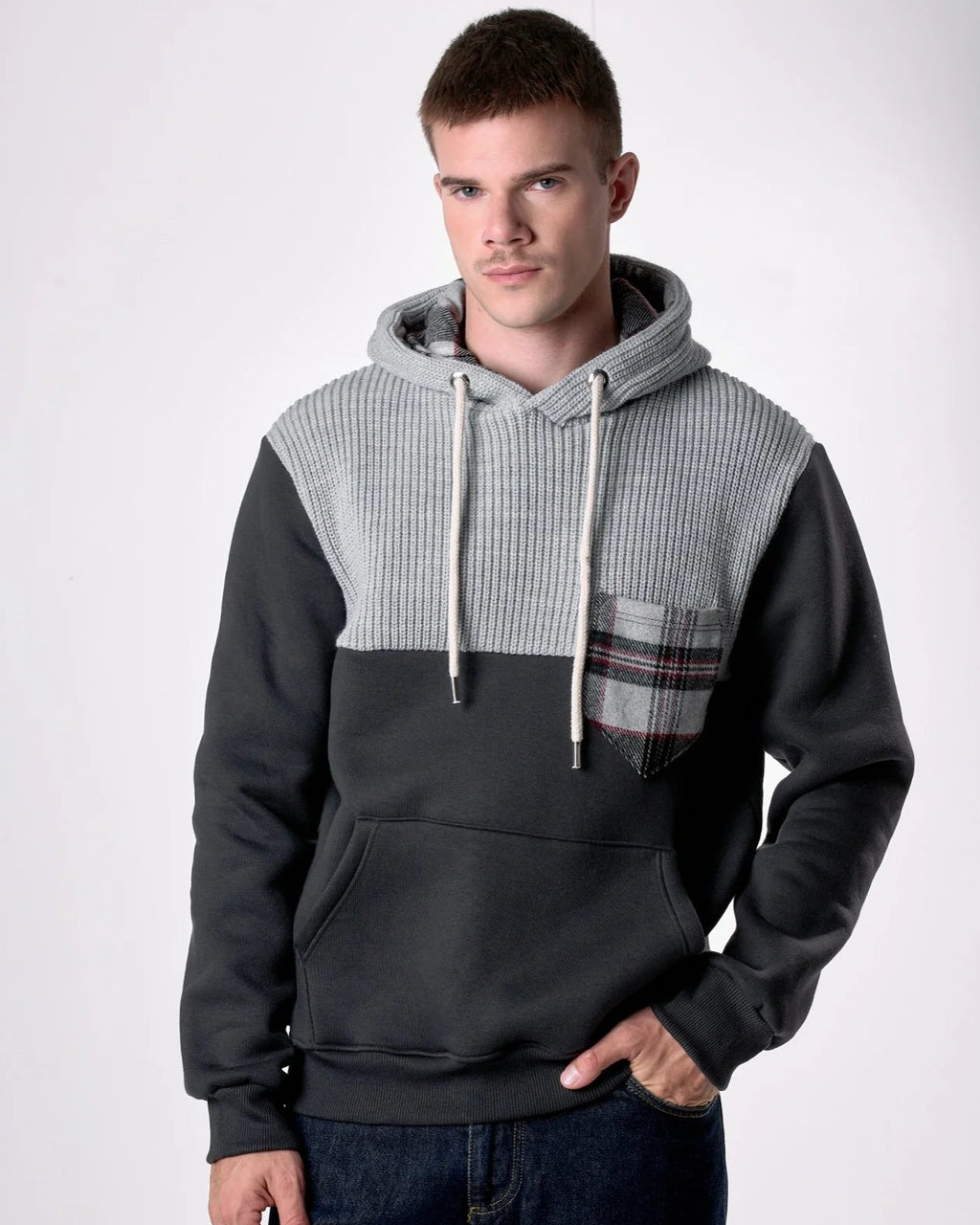 Felpa Cappuccio Grigio con intarsio in maglieria e dettagli in tessuto V2 - Seipuntozerostore