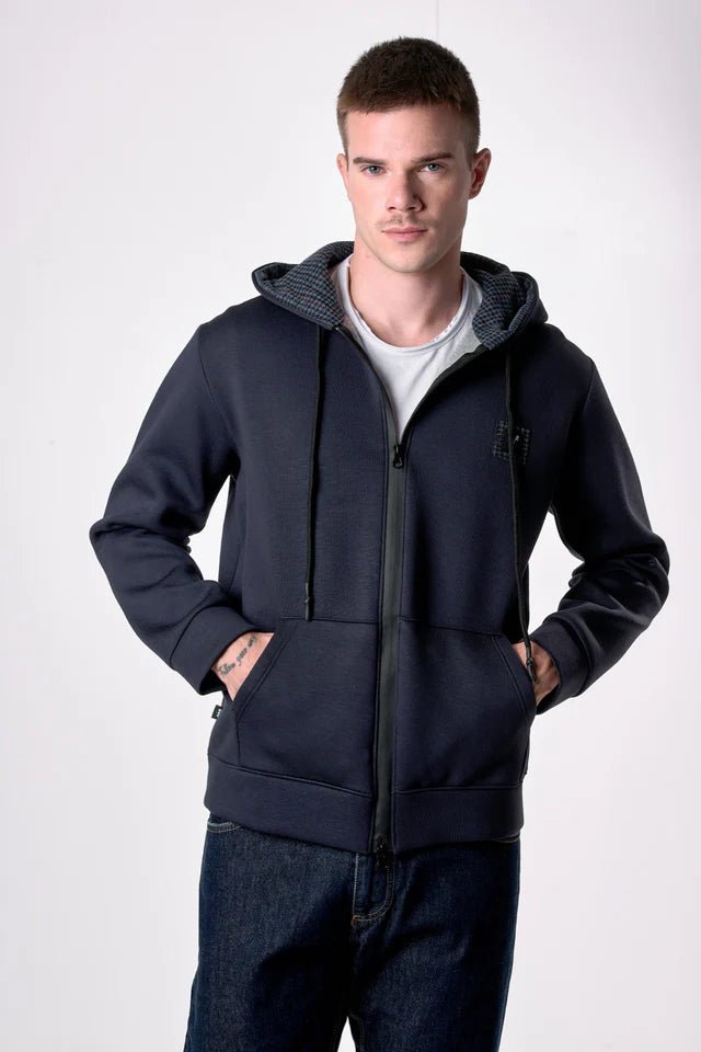 Felpa Cappuccio Zip in neoprene Blu con dettagli in tessuto V2 - Seipuntozerostore