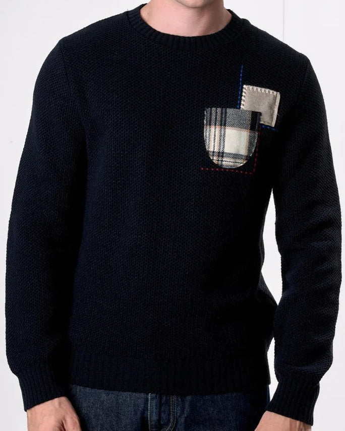 Maglione Girocollo occhio di pernice Blu con Taschino Patchwork Ricamato con Tessuti V2 - Seipuntozerostore