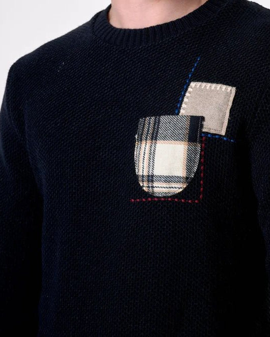 Maglione Girocollo occhio di pernice Blu con Taschino Patchwork Ricamato con Tessuti V2 - Seipuntozerostore