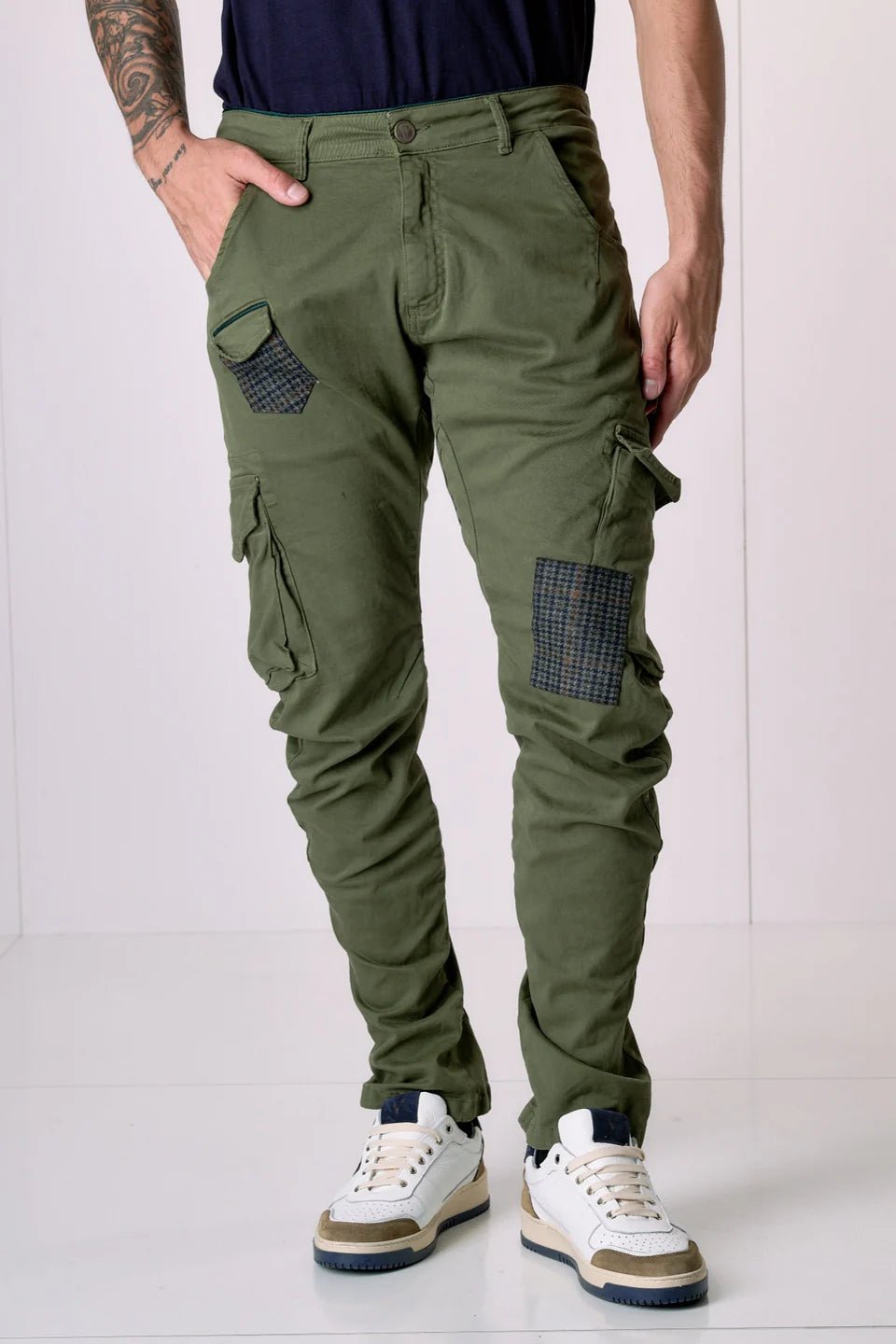 Pantalone TEXAS - Cargo Slim Verde militare con Patchwork in tessuto V2 - Seipuntozerostore