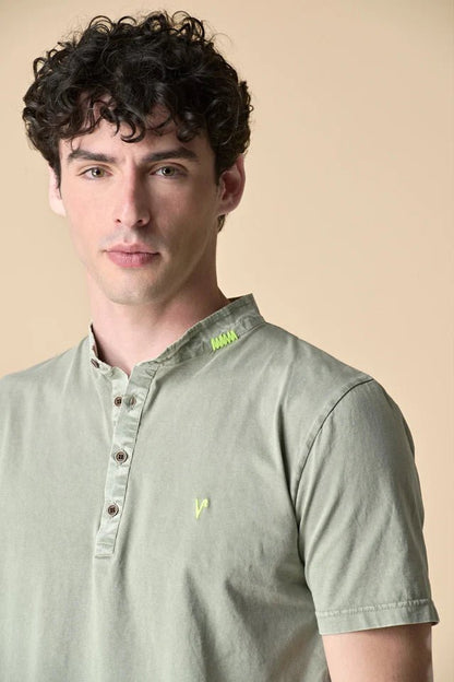 Polo Serafino tinto capo marmorizzato Verde Militare con Ricami a Contrasto V2 - Seipuntozerostore
