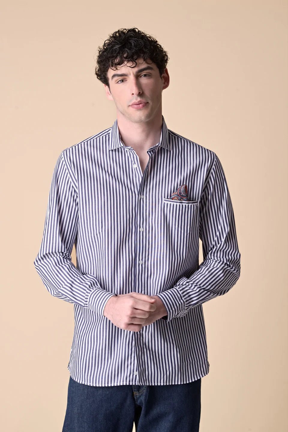 Camicia Rigata Blu con Pochette e dettagli in tessuto V2 - Seipuntozerostore