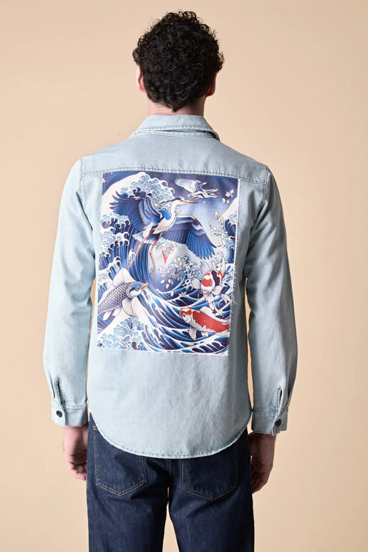 Sahariana in Jeans Lavaggio Marmorizzato con Patch Stampa Carpe sul retro V2 - Seipuntozerostore